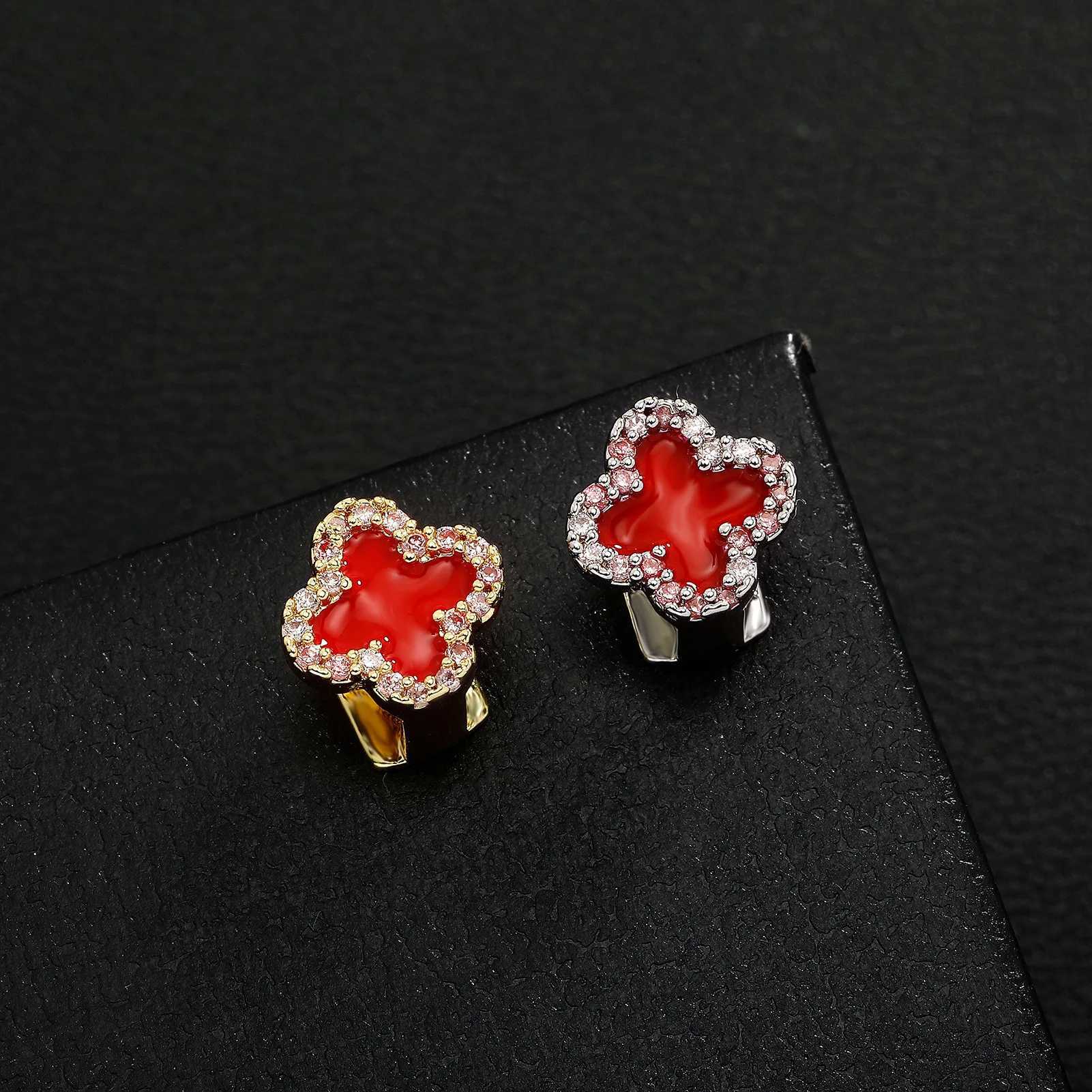 Gold Silver Color Single Flower Iced Out Grillz Teeth Men Women Hip Hop Bling Tooth Grills Caps Fashion JewelryXJ250114