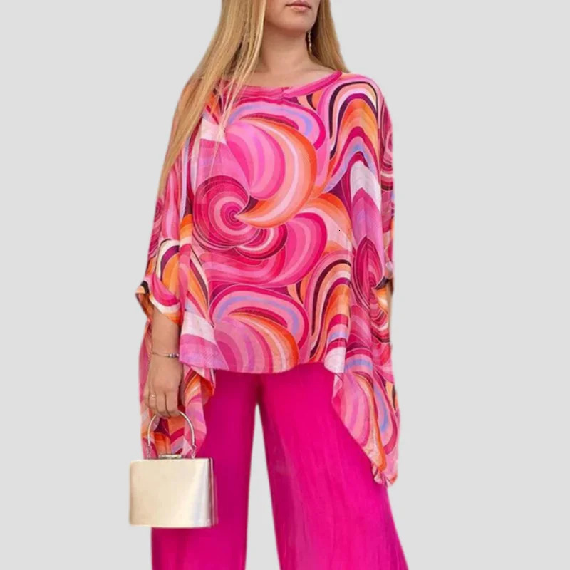 Summer Fashion Colorful Pattern Print Suit Womens Round Neck Chiffon Breathable Top Loose Casual Pants Office Two-piece Set 250110