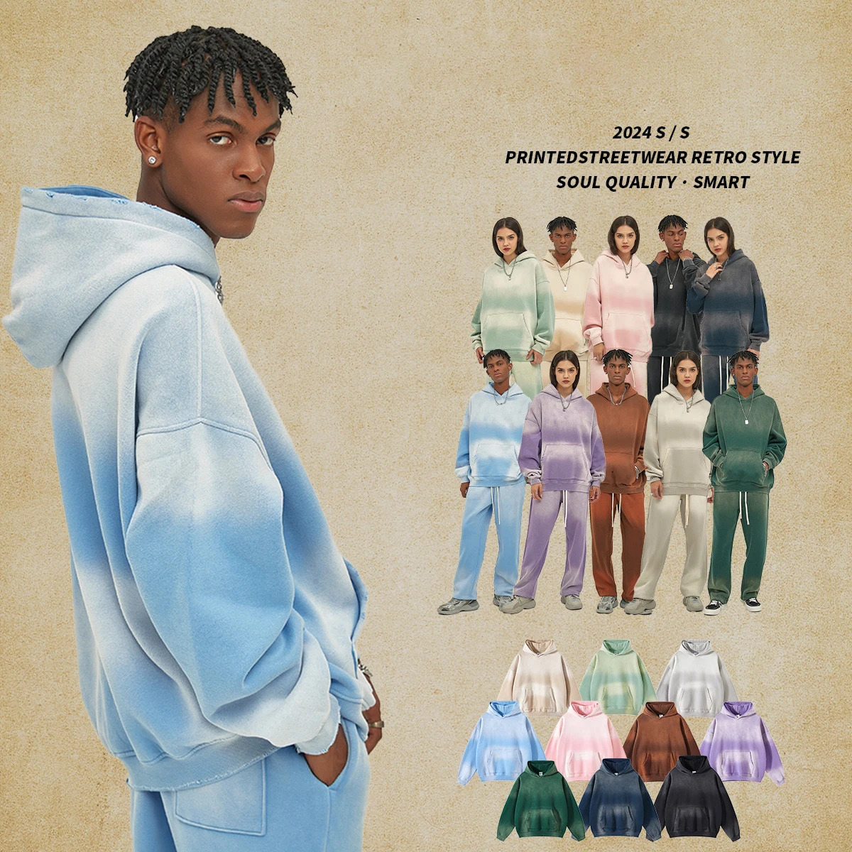 Solid Color Blanks plus fleece thicken spraydyed aged hoodie 250122