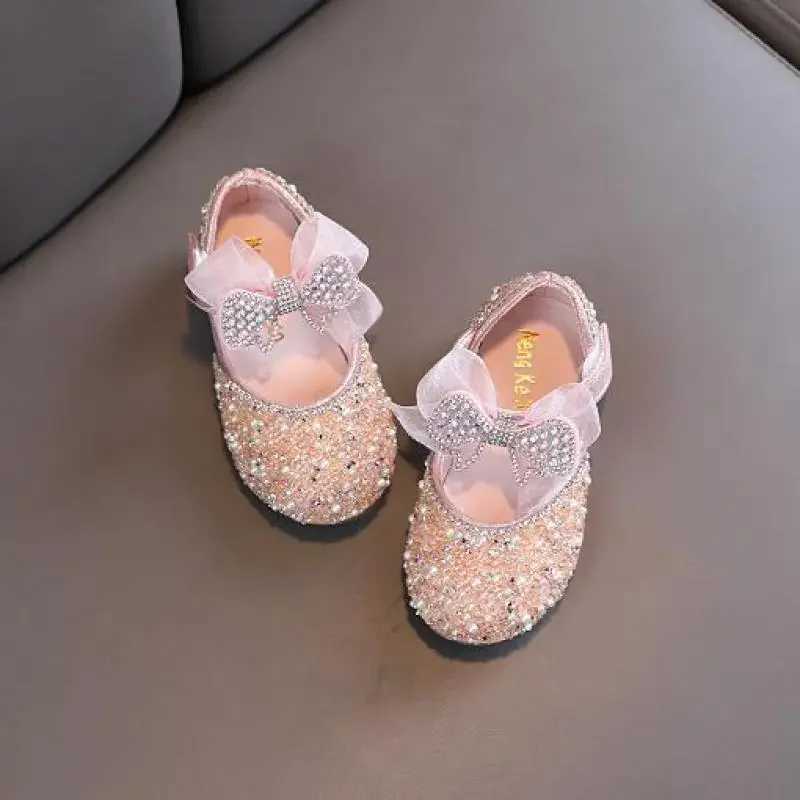 New Childrens Sequined Leather Shoes Girls Princess Rhinestone Bowknot Single Shoes 2024 Fashion Baby Kids Wedding Shoes X250129