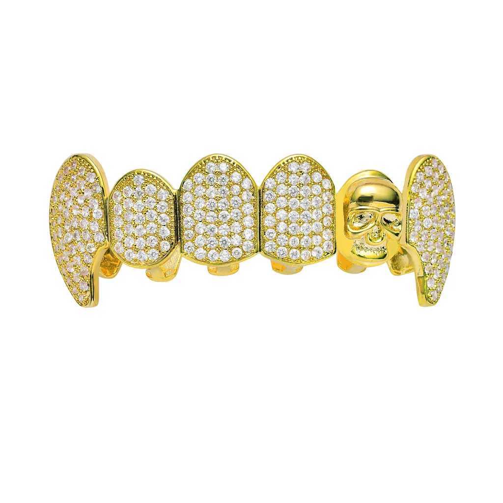 Hip Hop Teeth Grillz Skull Shape Gold Plated Dental Grills Rock Tooth Grillz Caps Crystal Teeth Caps Halloween Vampire ToothXJ250114