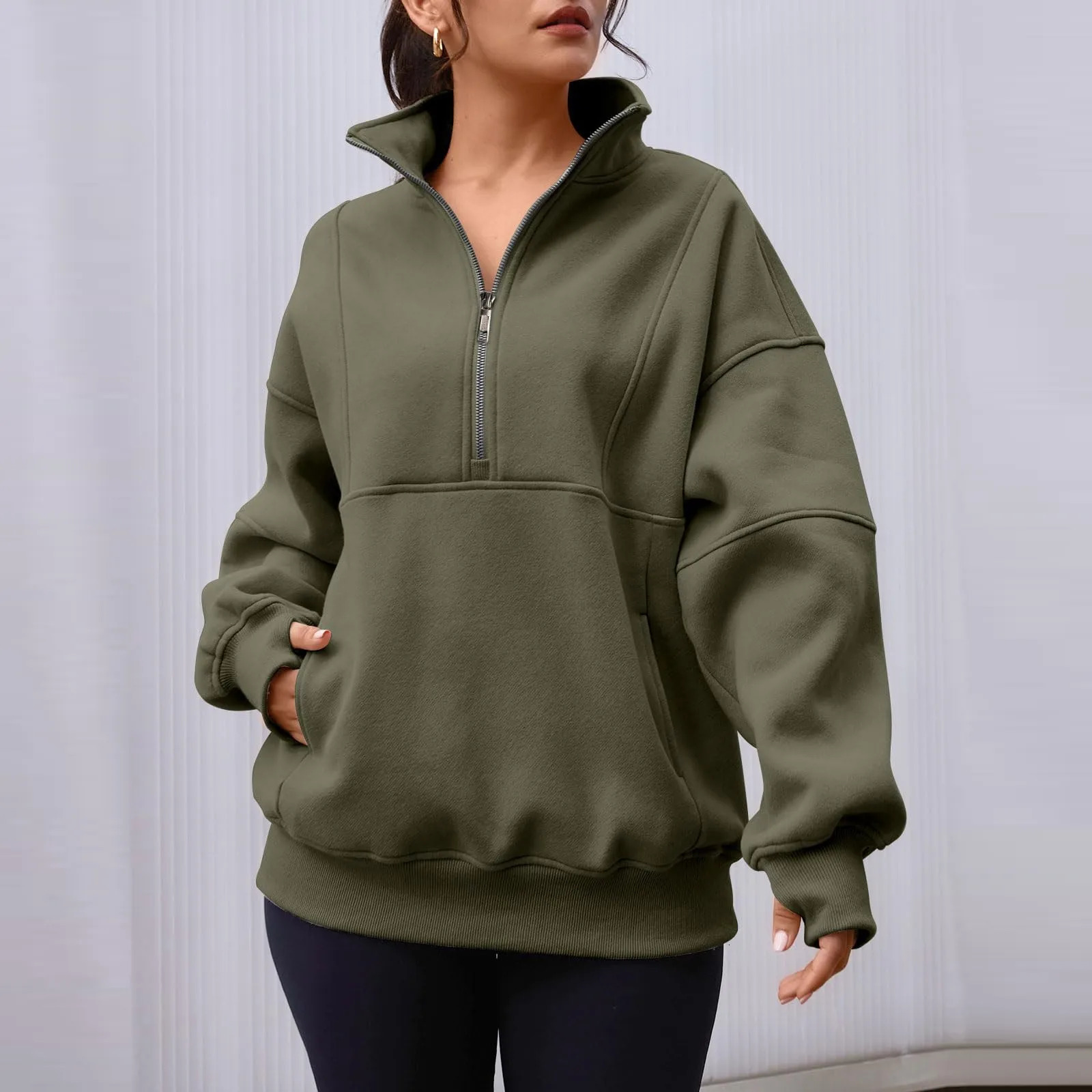 WomenS Plush Sweatshirt Fashion Half Zipper Stand Collar Loose Sports Long Sleeve Pullovers Casual Trend Solid Regular Tops 250122