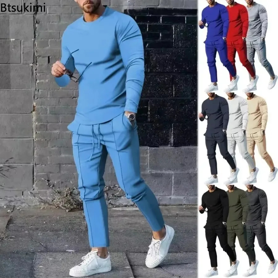 2025 Spring Mens Casual Sport Twopieces Fashion Solid Long Sleeve Oneck Tshirt and Sweatpants Suits Men Tracksuit Outfit 250110