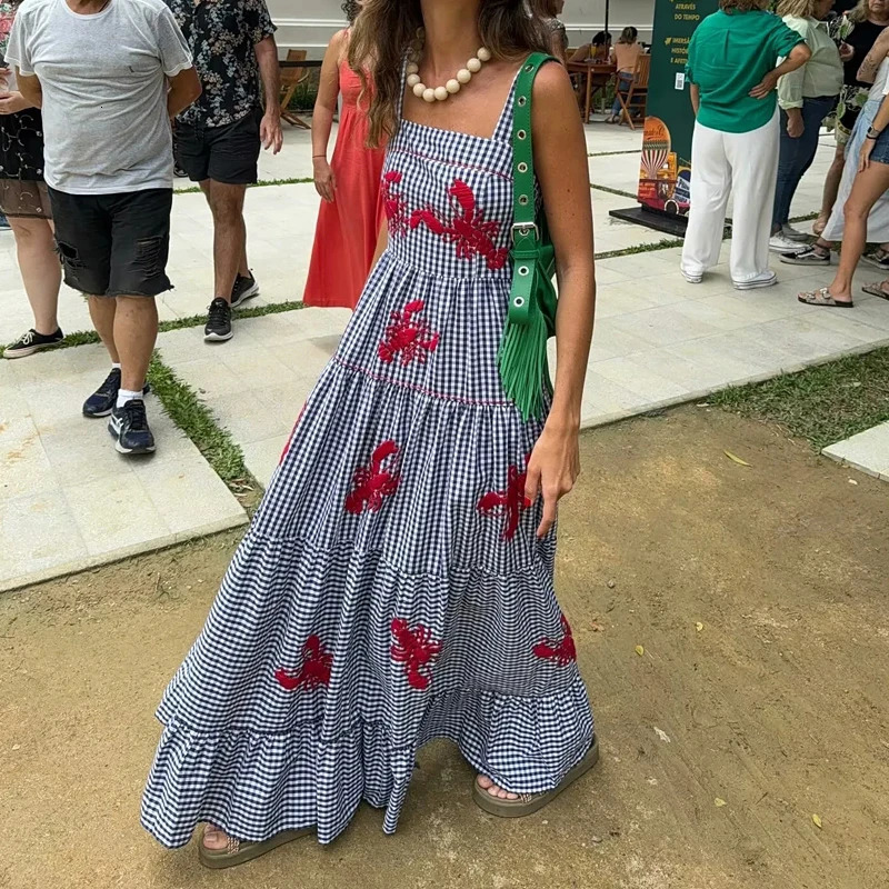 HXAO Women Ruffle Embroidery Slip Dress Sleeveless Plaid Dress Pleated Backless Beach Dress Holiday Woman Summer Dress 2024 250107