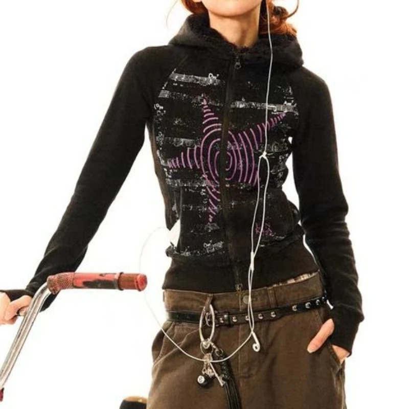 Y2k Fairy Cropped Hoodies Jackets Women Punk Double Zippers Slim Fit Coats Aesthetic Grunge Harajuku Star Print Tops Streetwear 250118