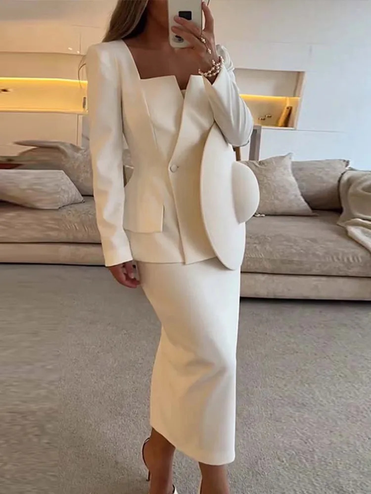 Elegant White Coat Skirt Set Fashion Square Collar Slim Jacket High Waist Long 2024 Autumn Ladies Cummuter Suit 250122