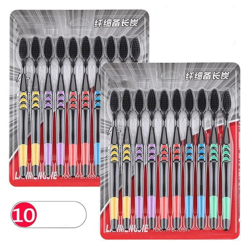 10 Pieces Packed Soft Bristle Bamboo Charcoal Black Hair UltraFine Beauty Toothbrush Couple Suit Oral Cleaning Tools y250115