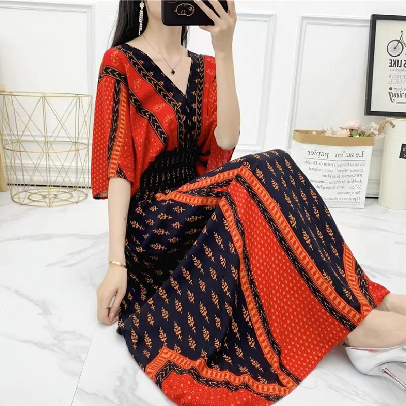 Spring Casual Elegant Retro Bohemian Style V-neck Elastic Waist Large Swing Printed Long Skirt Autumn Summer Dress 250122