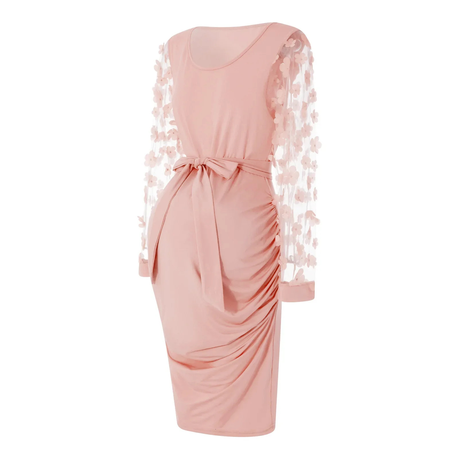 Pregnancy Dresses Fashion Maternity Clothes Lace Flower Long Sleeve Solid Color Slim-fit Bow Crew Neck Women Maternity Dress 250116