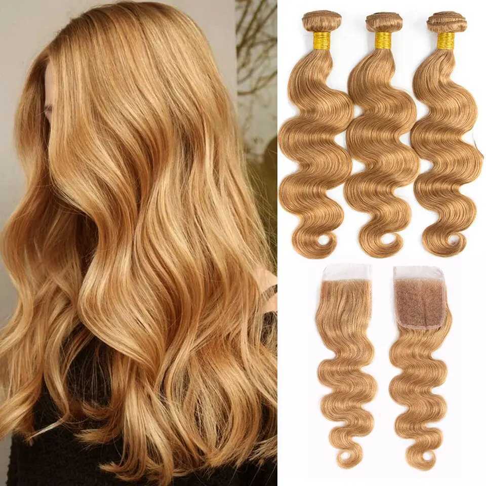Body Wave Human Hair Bundles With Clo Malaysia 3 Hair Bundles With Honey Blond Lace Clo Swiss Lace Remy Hair ExtensionsXJ250120
