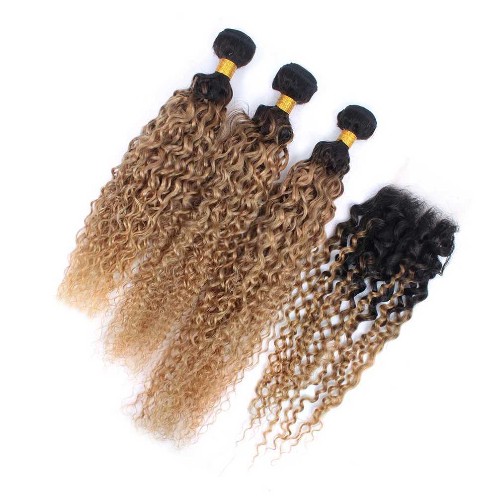 Water Wave Bundles With Clo Honey Blonde Human Hair Bundles With Clo Brazilian 1B/27 Curly Bundles With CloXJ250120