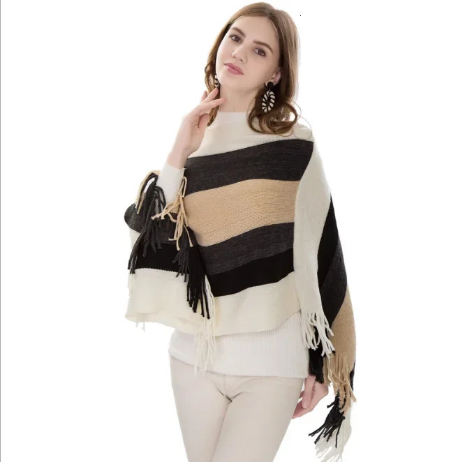 Autumn Winter Knitted Pullover Cloak Shawl Womens Fashion Stripe European American Womens Scarf Girl Outdoor Pink 250121