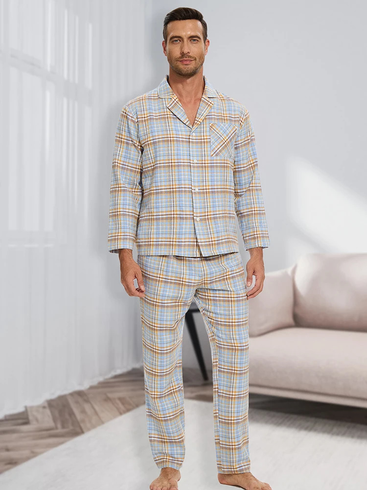 Mens Pajamas Set Autumn Winter Fashion Plaid Flannel Printed LongSleeved Casual Home Wear Sleepwear 2 Piece Soft Loungewea 250122