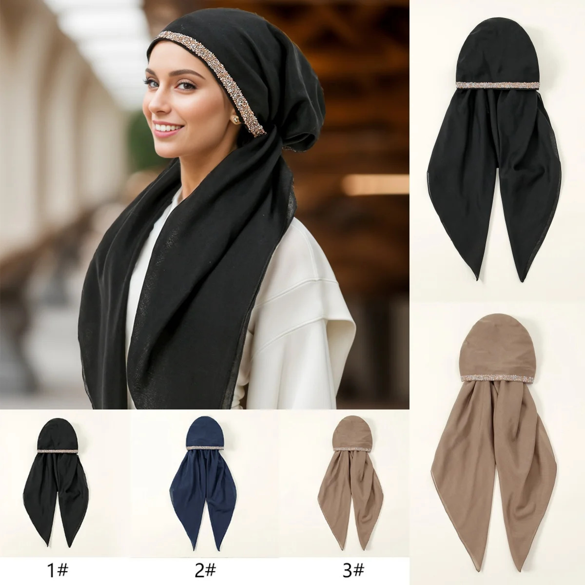Shiny Rhinestone Instant Hijab Scarf for Women Muslim Turban Thin Breathable Polyster Headband Elastic Sleep Cap Wraps 250121