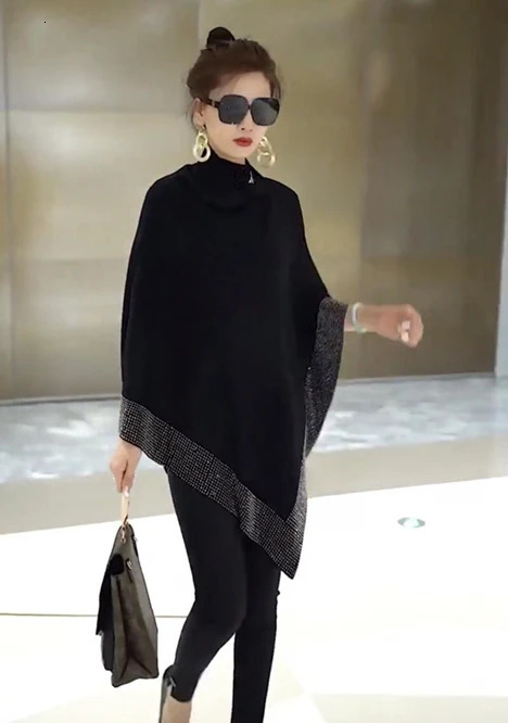 Autumn Fashion Winter Diamonds Knit Shawl Cloak Loose Plus Size Solid Woman Poncho Cape Pullover Sweater Black 250121