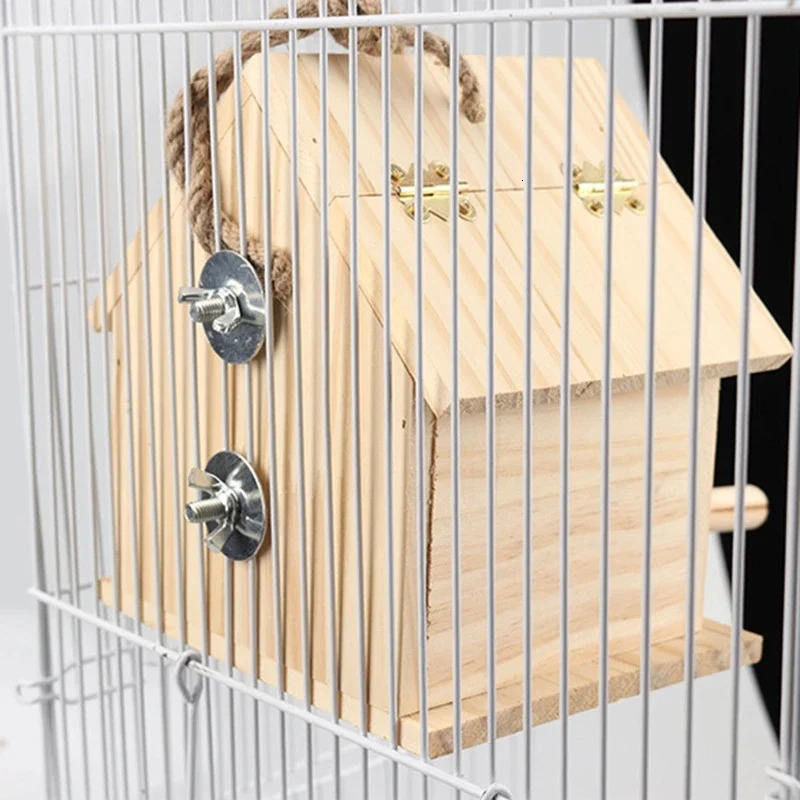 Wooden Bird House with Parakeet Perch Stands Pets Parrots Nesting House for Cage Outside Inside Hanging Nest 2 Sizes 250121