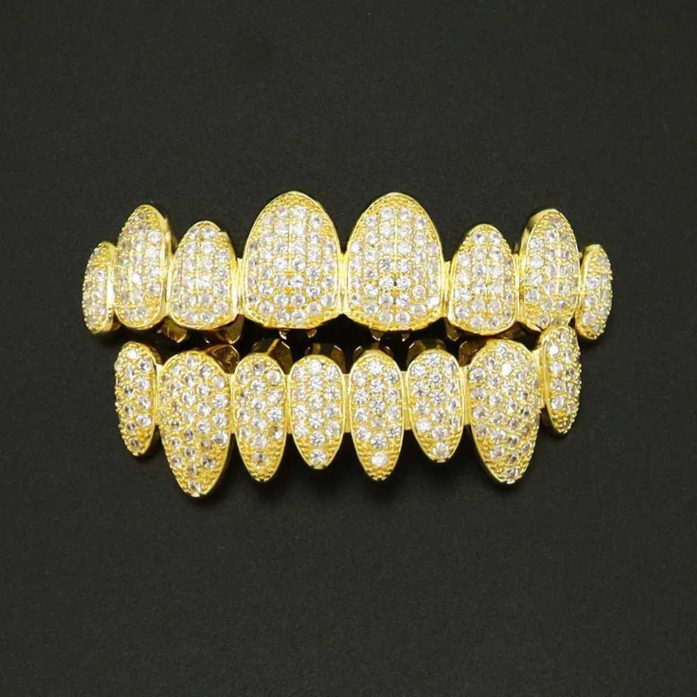 1set Hip Hop Iced Out Teeth Grillz Gold Plated Dental Grills Rock Tooth Grillz Caps Crystal Teeth Caps Halloween Tooth GiftXJ250114
