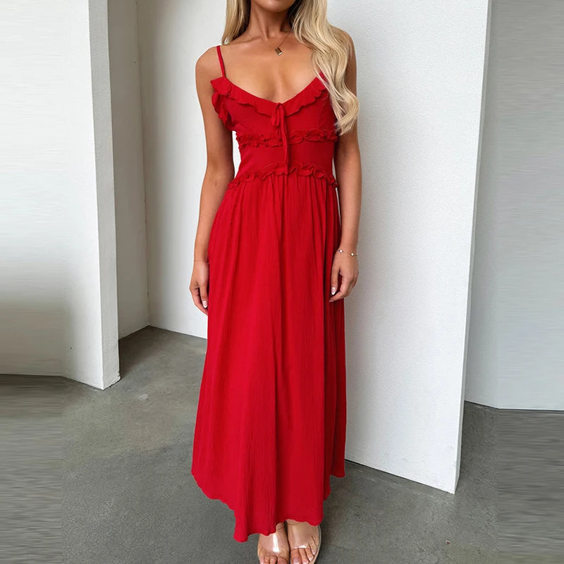 V Neck Ruffle Suspender Long Dresses Sexy Hollow Out Sleeveless Pleated Beach Dress Simple Solid Color Womens Holiday Dress 250113