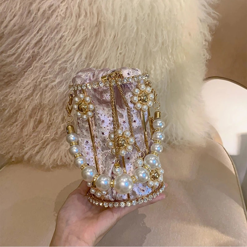 Metal Hollowed Out Rhinestone Basket Handbag Pearl Flowers Drawstring Chain Bucket Bag Beaded Handle Crossbody Evening Party Bag 250118