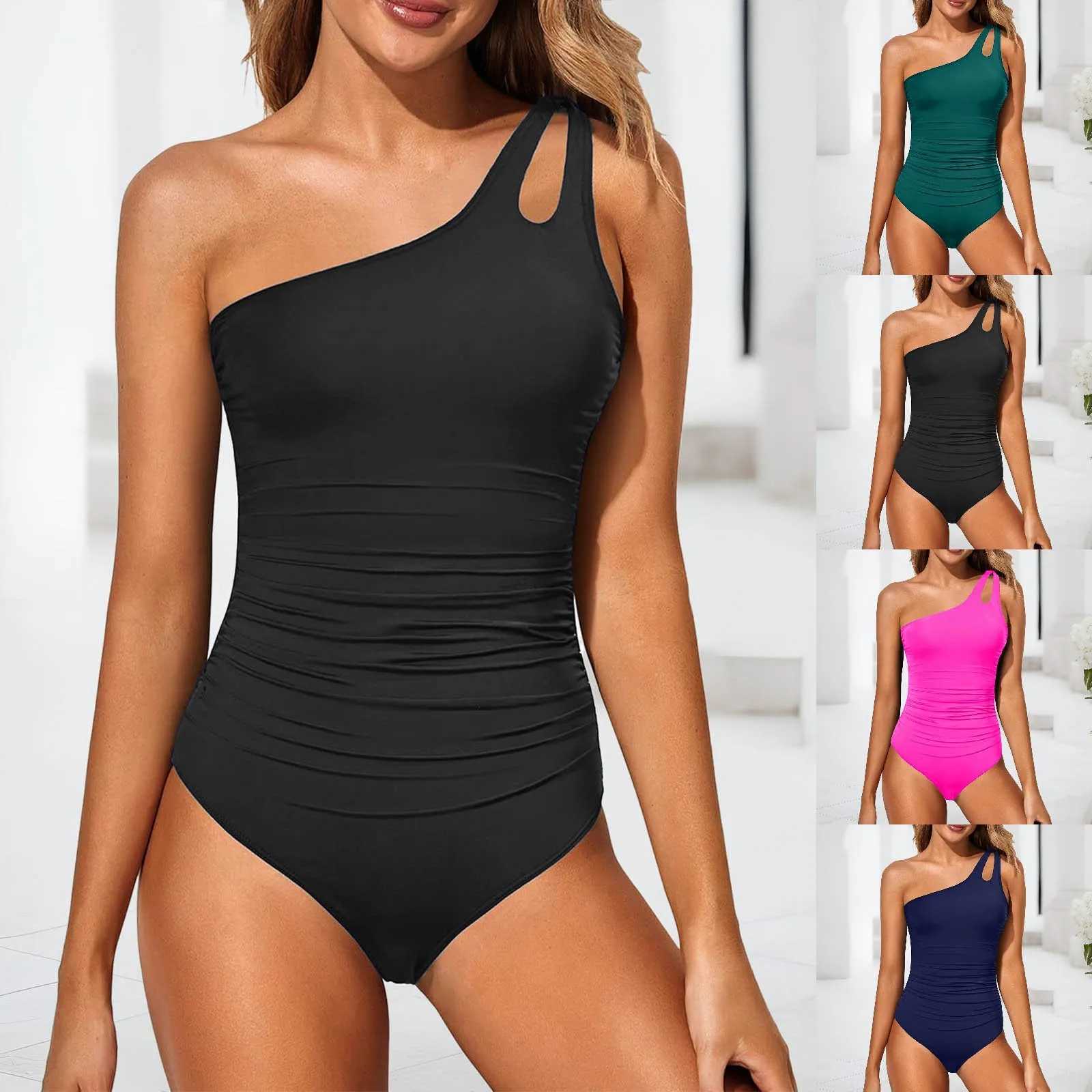 Womens One Piece Swimsuits Ladies Slanted Shoulder Hollow Out Swimwears Solid Color Slimmingh Fit Sexy Bathing Suits BikiniXJ250120