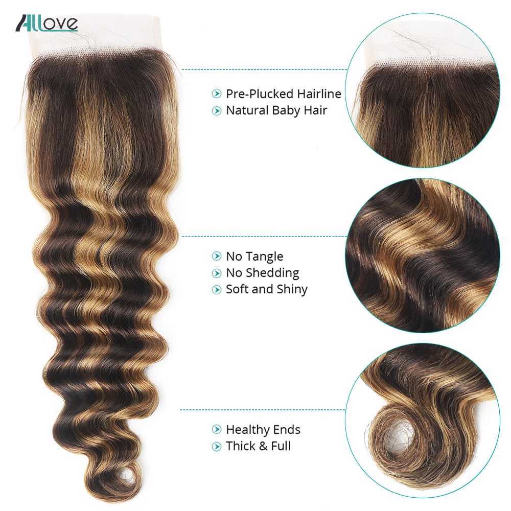 Allove Highlight Loose Deep Wave Bundles With Clo 4x4 Lace Clo With Bundles Brazilian Remy Ombre Honey Blonde BundlesXJ250120