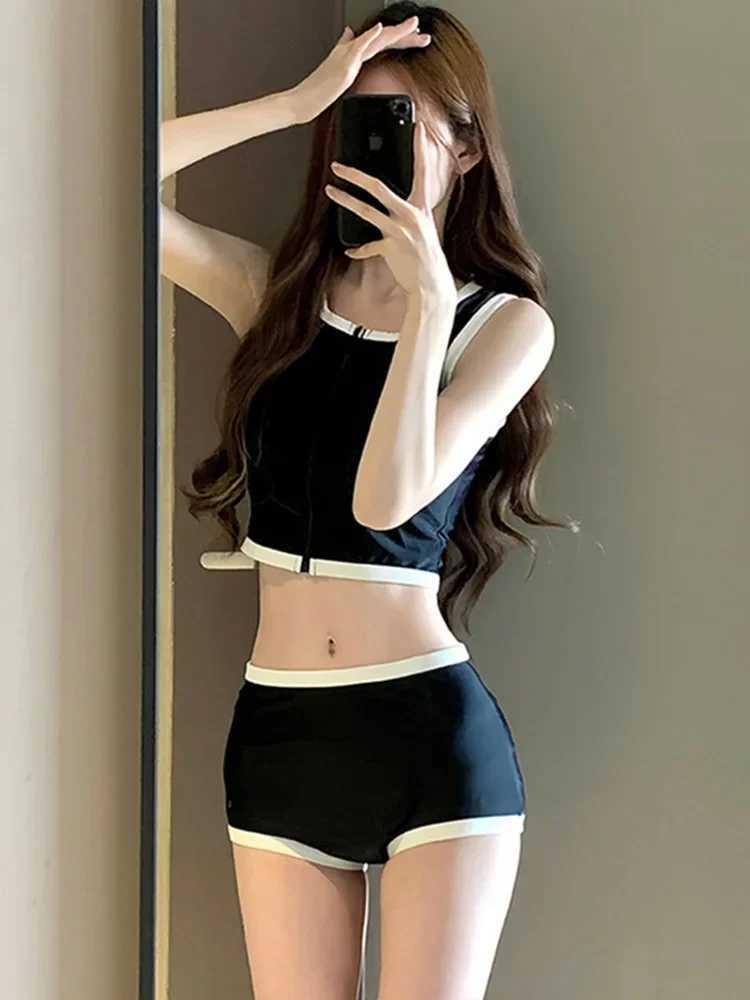OIINAA Bikini Set Women Vest Shorts Swimsuit Spliced Zipper Two-Piece Fashion Fe Swimwear Bathing Holiday Simple BeachwearXJ250120