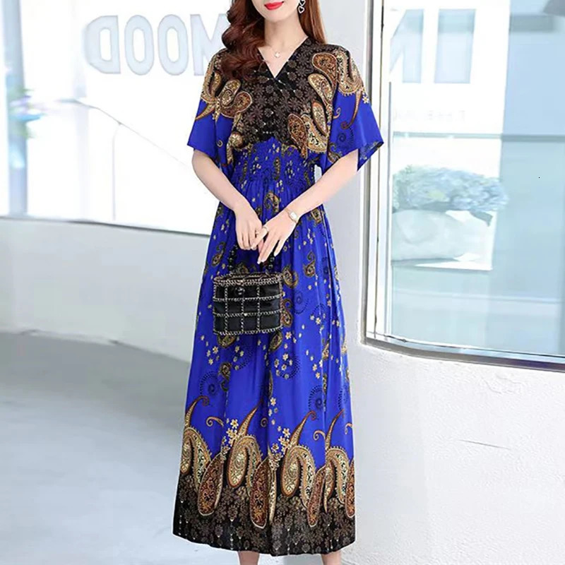 Spring Casual Elegant Retro Bohemian Style V-neck Elastic Waist Large Swing Printed Long Skirt Autumn Summer Dress 250122