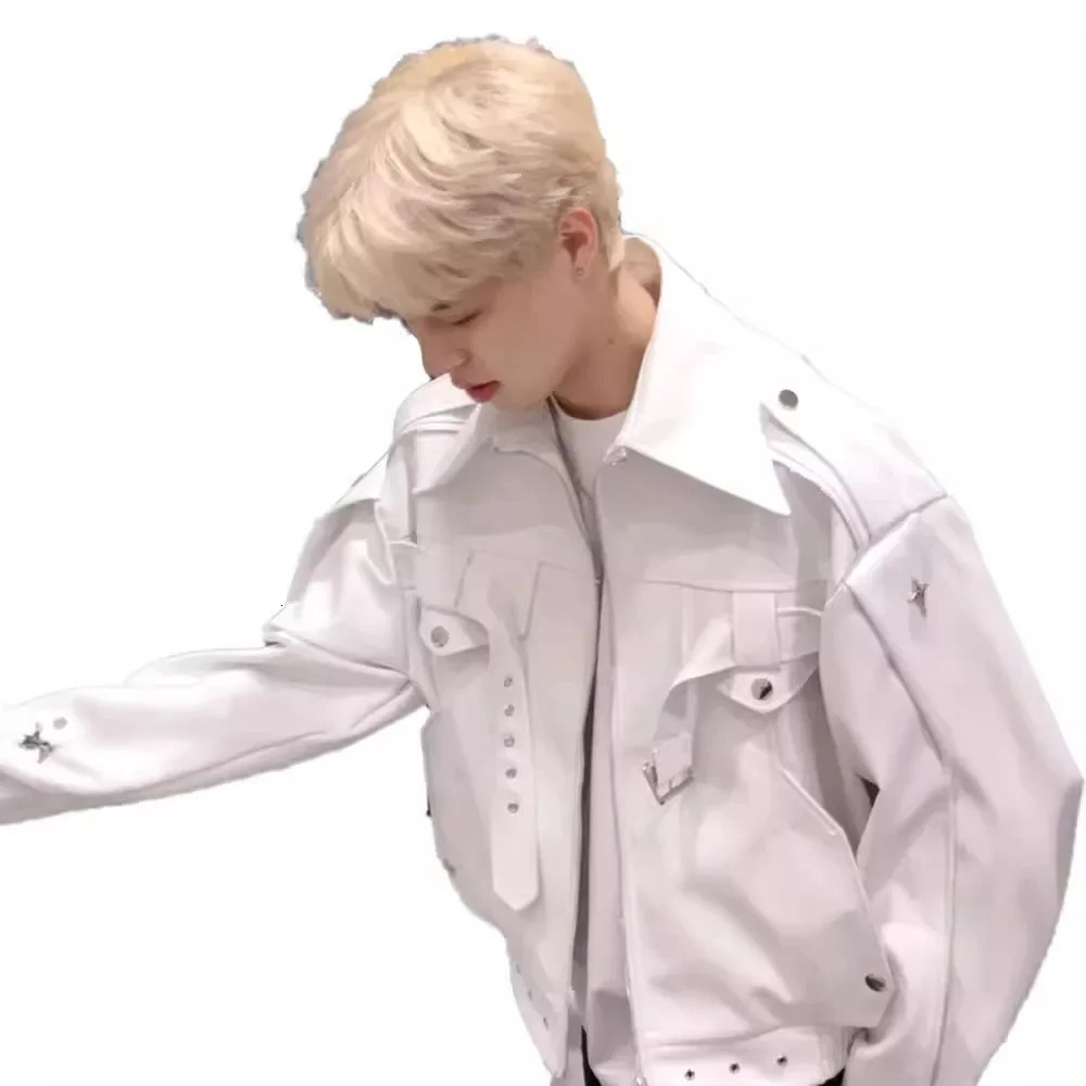 Vintage American Style White Leather Jacket For Men Casual Trendy Niche Cropped Motorcycle Jacket Loose Fit Spring Autumn 250120