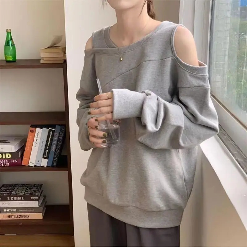 Vintage Hollow Out Off Shoulder Loose Hoodies Spring Autumn Long Sleeve Korean Pullovers Top Fashion Casual Women Clothing 250122