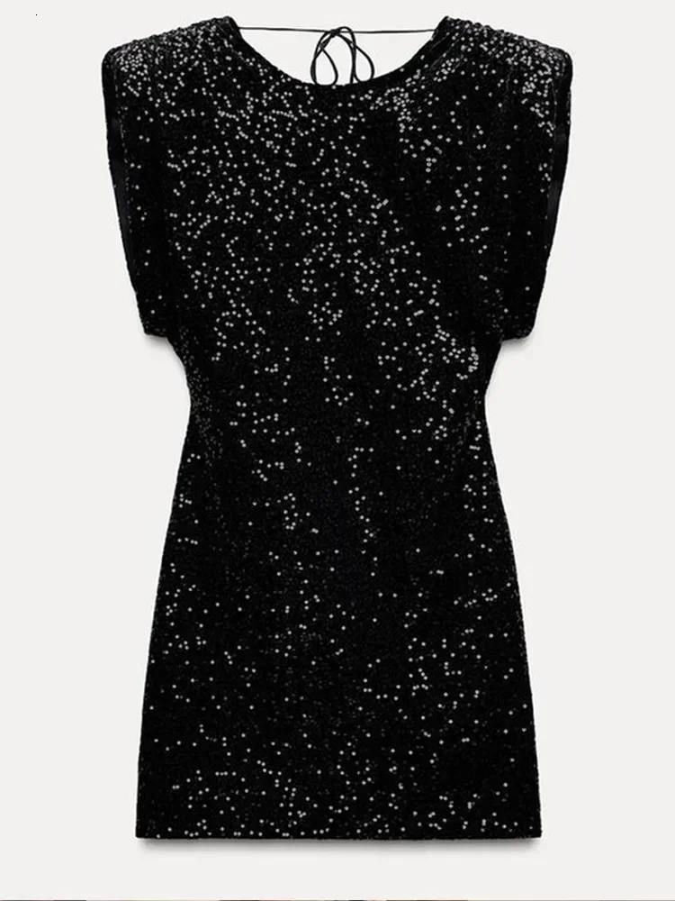 Elegant Woman Black Shiny Sleeveless Mini Dress Sexy Lace Up O Neck Slim Waist Short Dresses Evening Party Vestidos 2025 250109