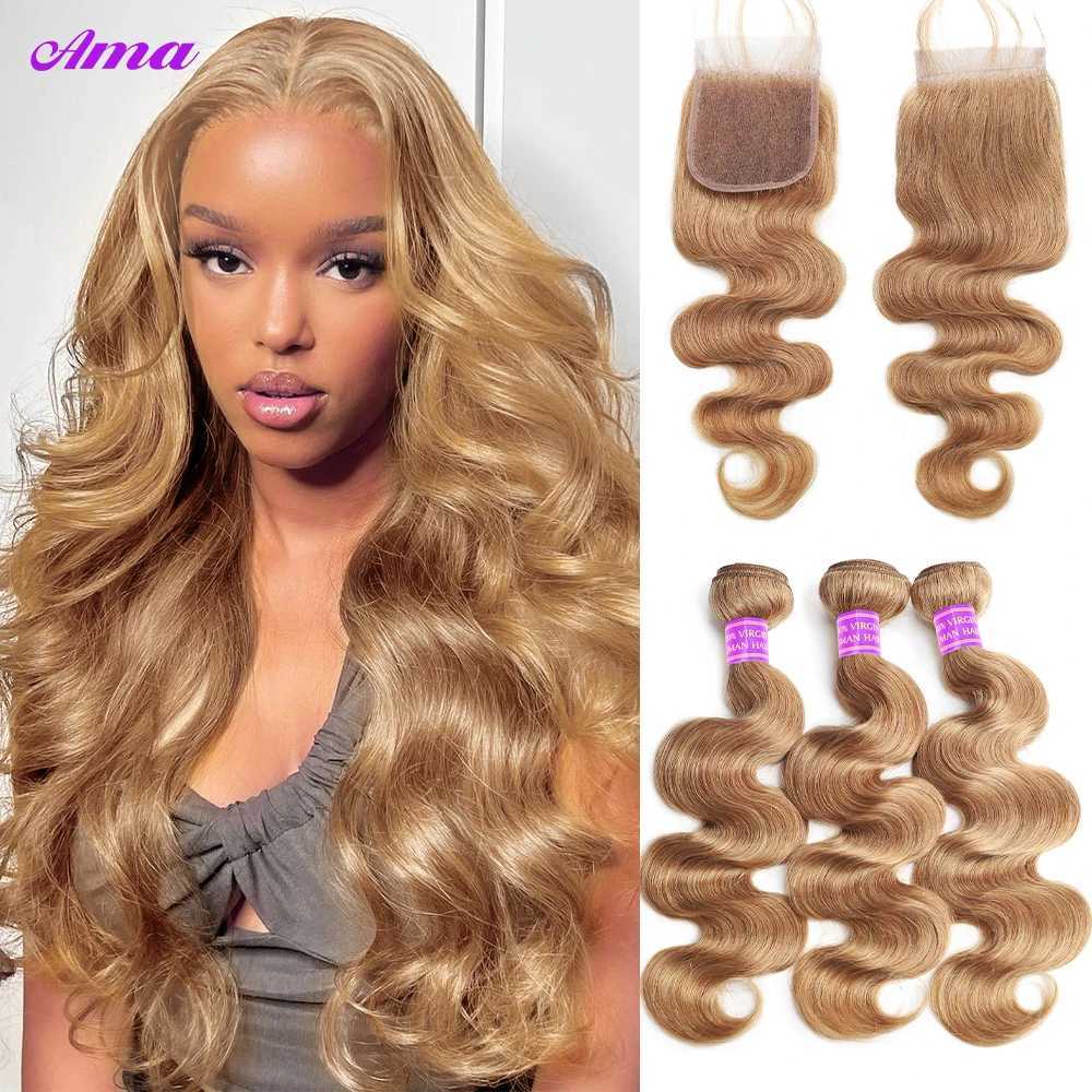 #27 Honey Blonde Bundles With Clo 5x5 4x4 Inch Body Wave Bundles With Clo 100% Human Hair Bundles with Clo Free PartXJ250120