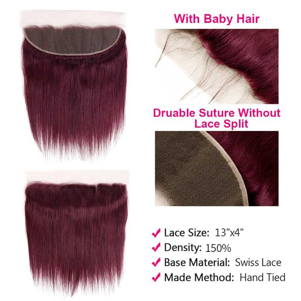 99J Red Straight Human Hair 3 Bundles With 13x4 Frontal HD Lace Front Hair Extensions For Women 30Inch Burgundy Weavings BundlesXJ250120