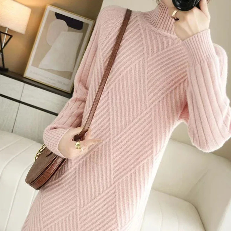 Abrini Autumn Winter Women Wool sweater Dress Mock Neck Ribbed Solid Knit Dresses Elegant Lady Party Bottoming Cashmere Vestidos 250122