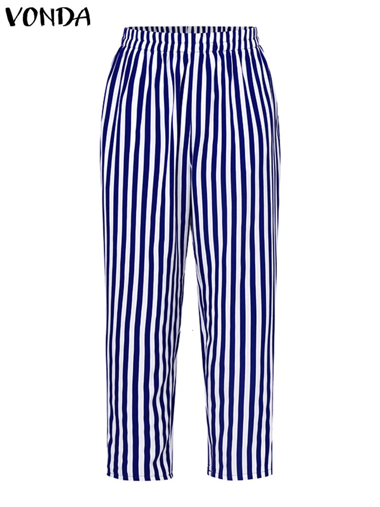VONDA Plus size 5XL Bohemian womens striped pants set 2024 autumn casual long sleeved printed retro top and wide leg 250122