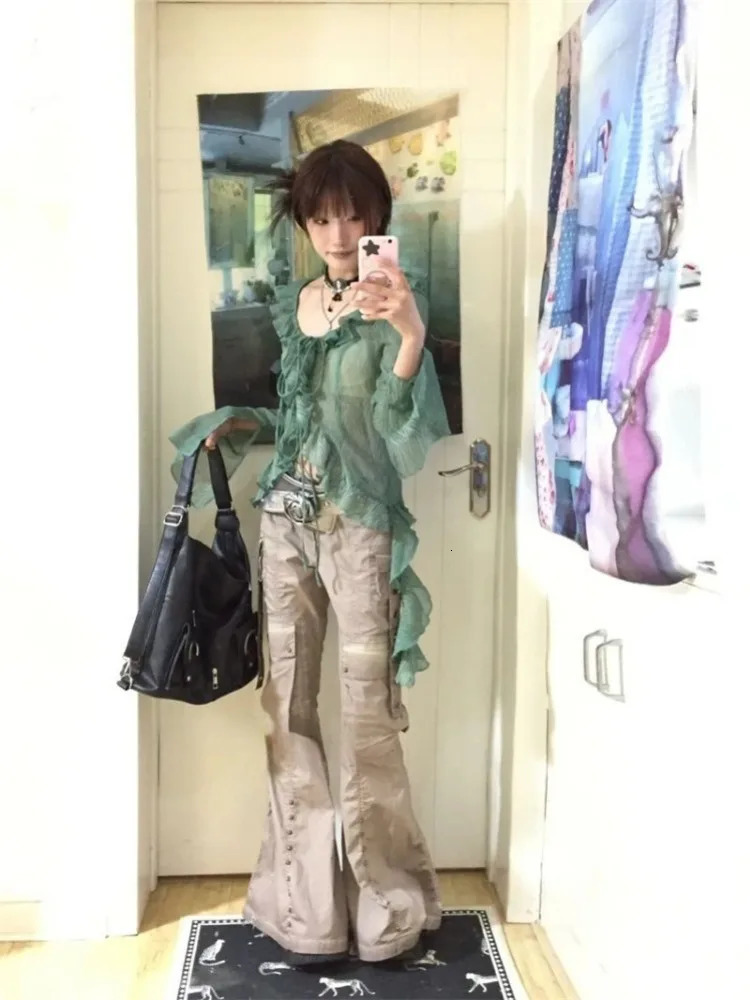 Elegant Vintage Ruffles Lace Up Green Cardigan 2025 Irregular Slim Fit Tops Women Y2k Long Sleeve Thin Blouses Womens Shirts 250122