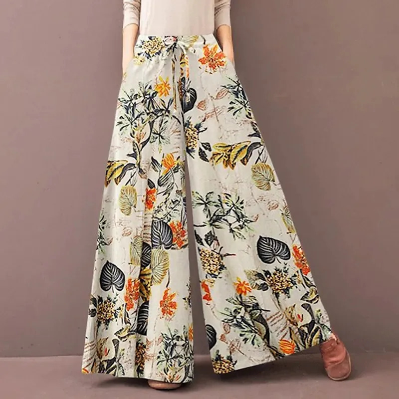 Women Floral Print Wide Leg Pants Spring Autumn Fashion Drawstring Bohemia Trousers Ladies Casual Loose Elastic Waist Pantalon 250122