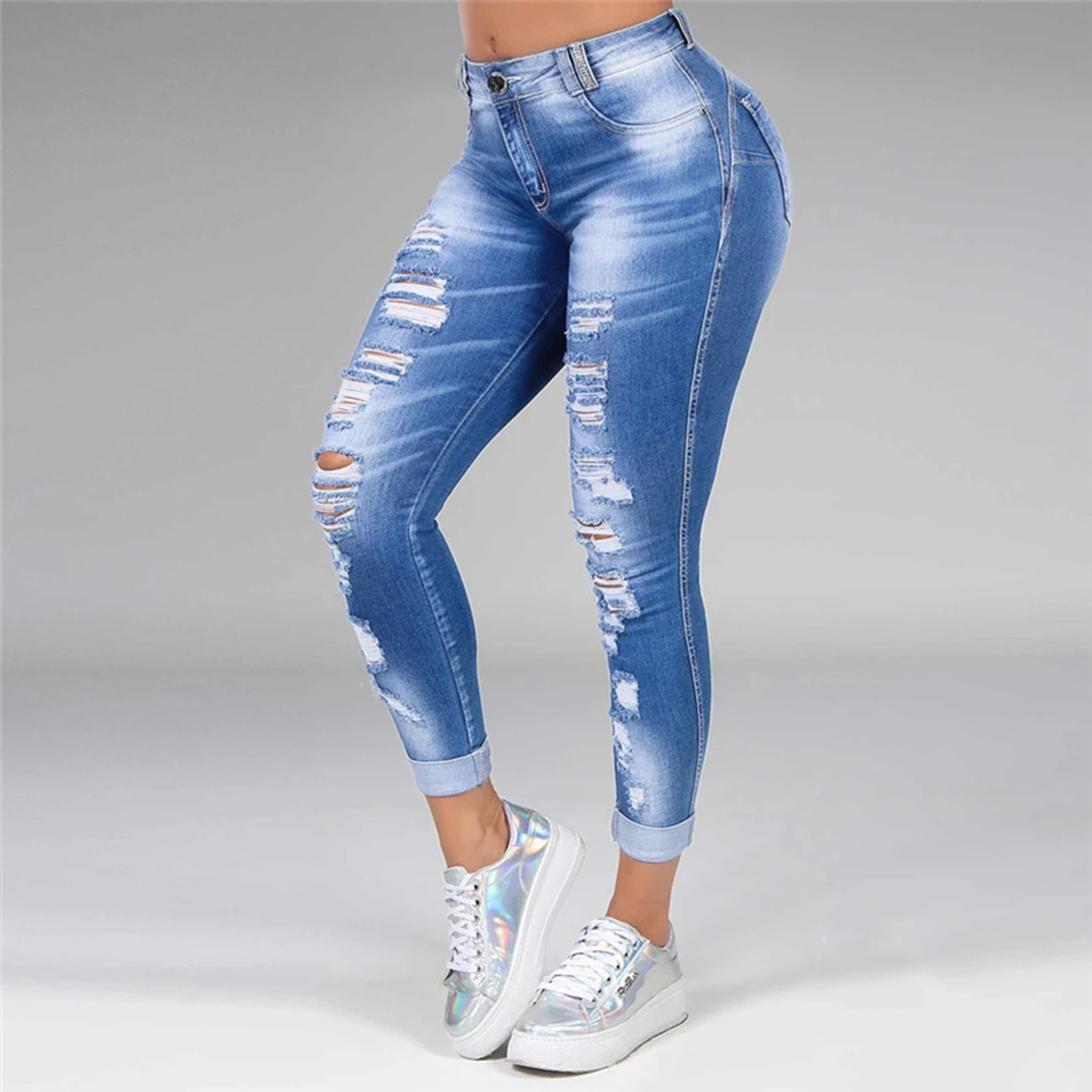 plus size 5XL Women Ripped High Waist Trousers Skinny Denim Jeans Hollow Bleached Long Pants Hollow Bleached Pencil Pants 250117