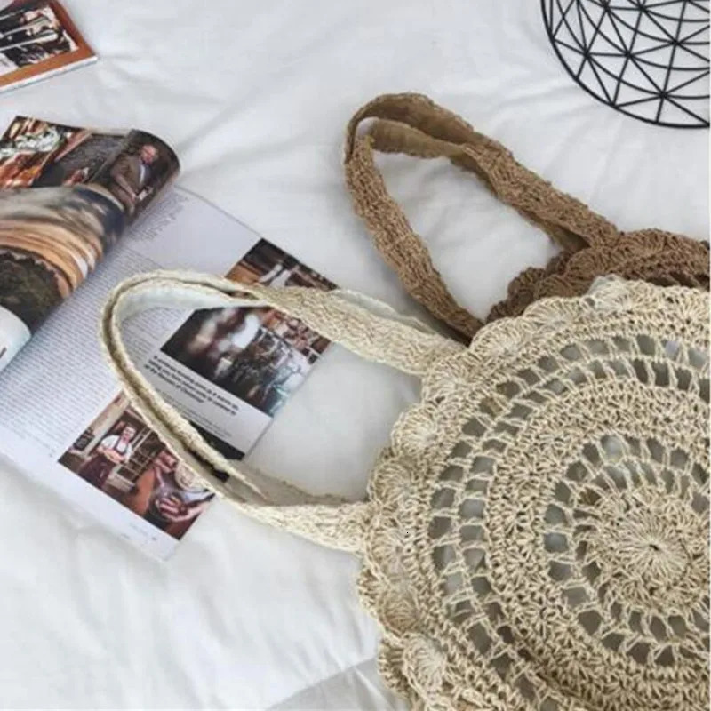 Bohemian Straw Bags for Women Circle Beach Handbags Summer Rattan Shoulder Bags Handmade Knitted Travel Big Bag 250120