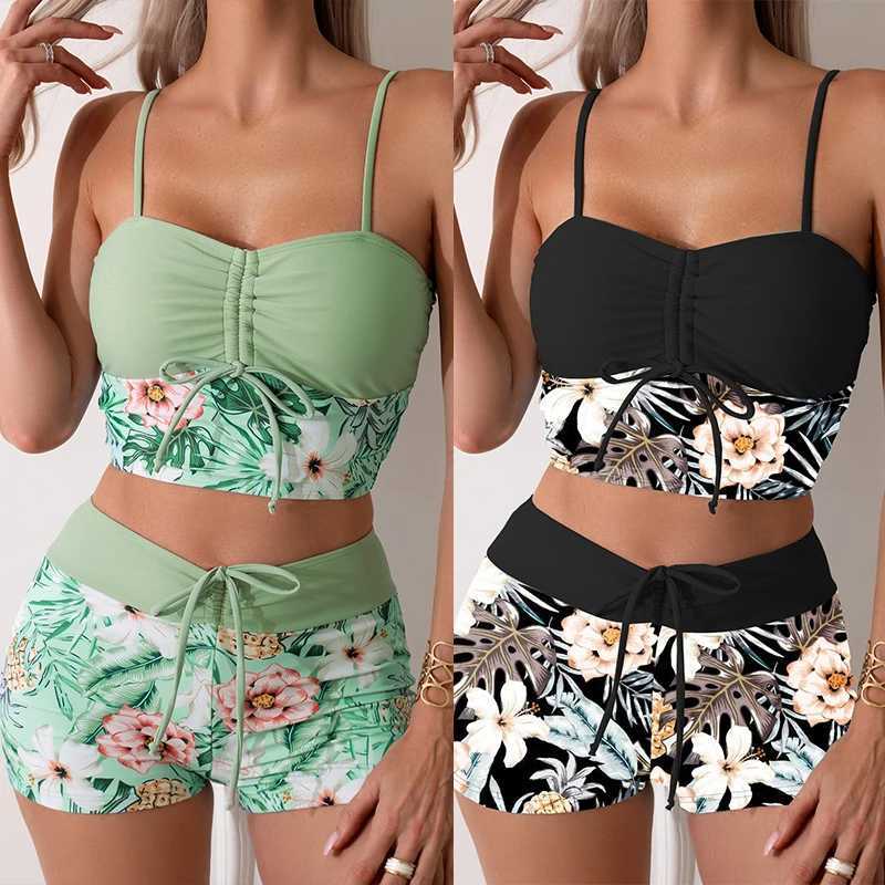 Printed Flower Tankini Set Girl Swimwear Adjustable Strap Vest Bra Fe Flower Shorts Bikini Drstring Women Beach SetXJ250120