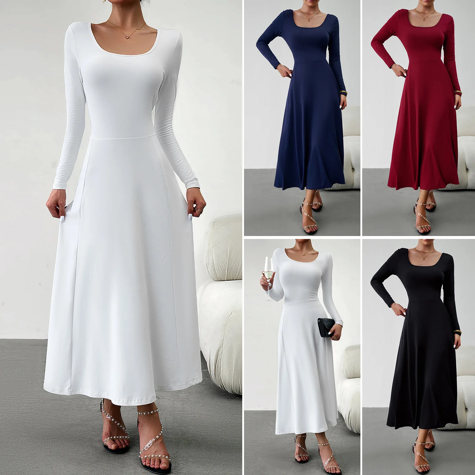 2025 Spring Autumn Womens Long Sleeve Dress Solid Color O-neck Womens Long Dress Small-waisted Womens Slim-fit Dresses 250121