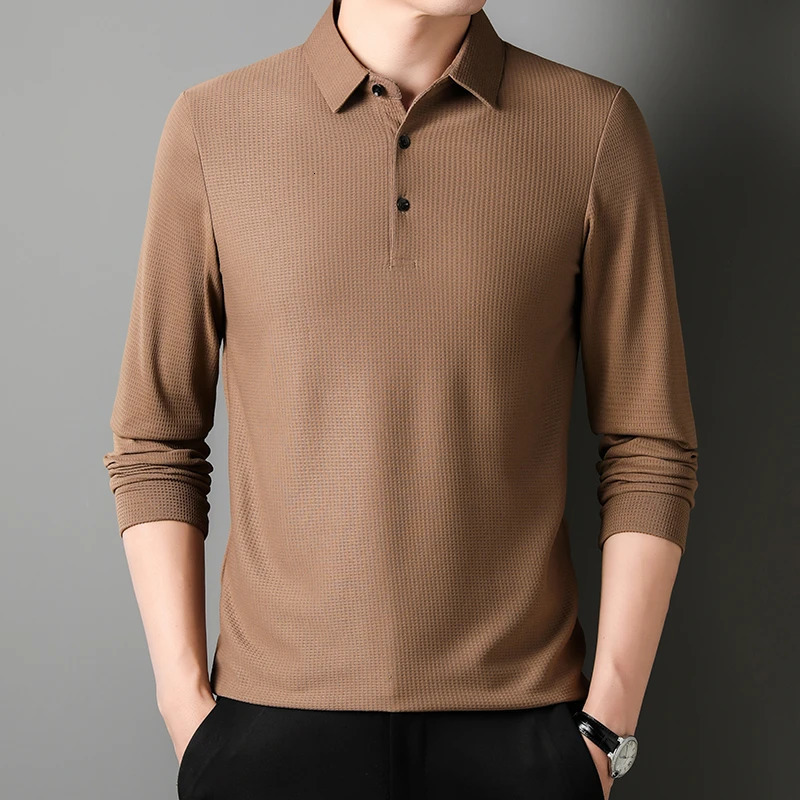 Mens Business Casual Polo Long Sleeve T-shirt Summer Comfortable Top 250118