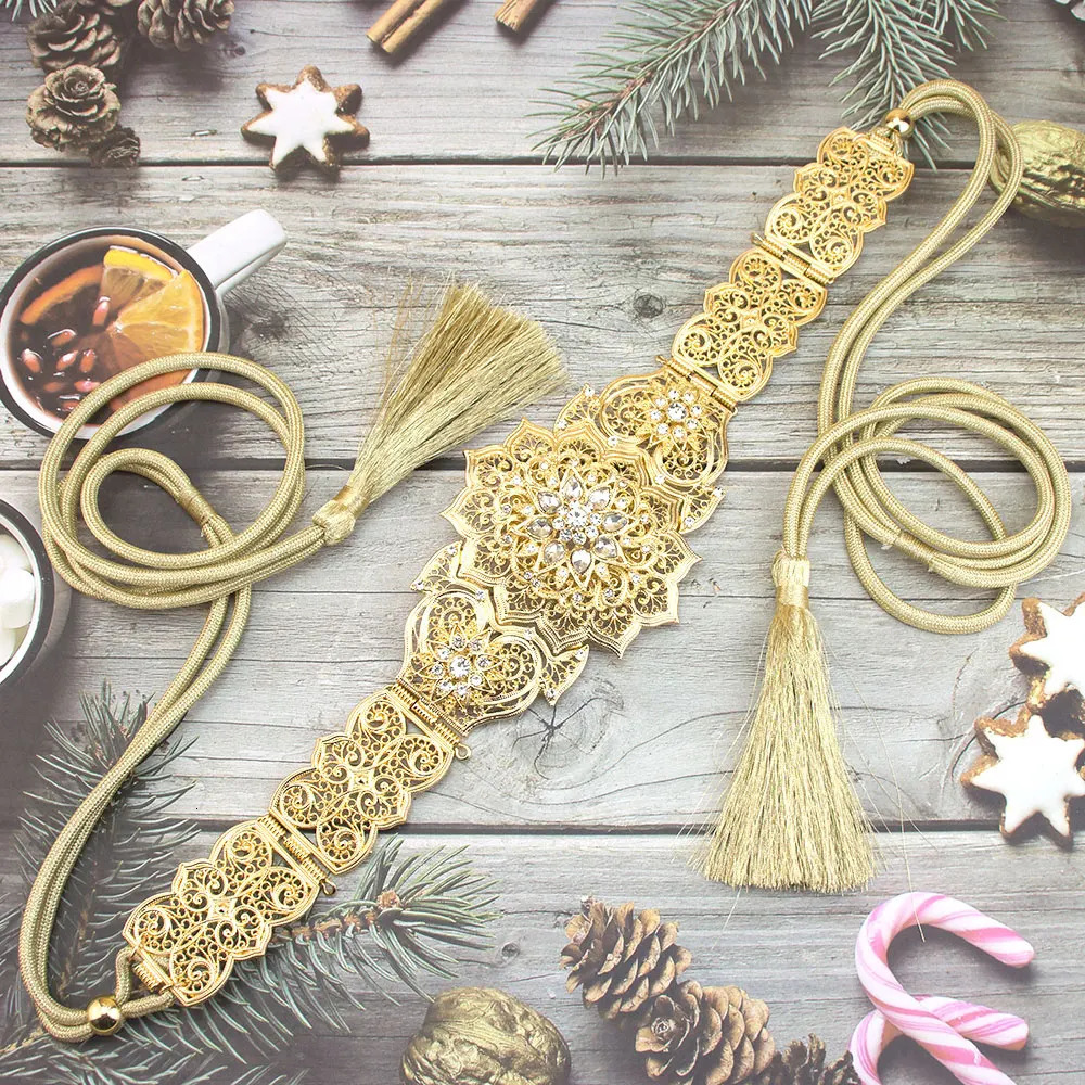 Sunspicems Chic Moroccan Caftan Belt Hand Rope Tassels Waist Chain For Women Gold Color Crystal Waistband Adjustable Length 250121