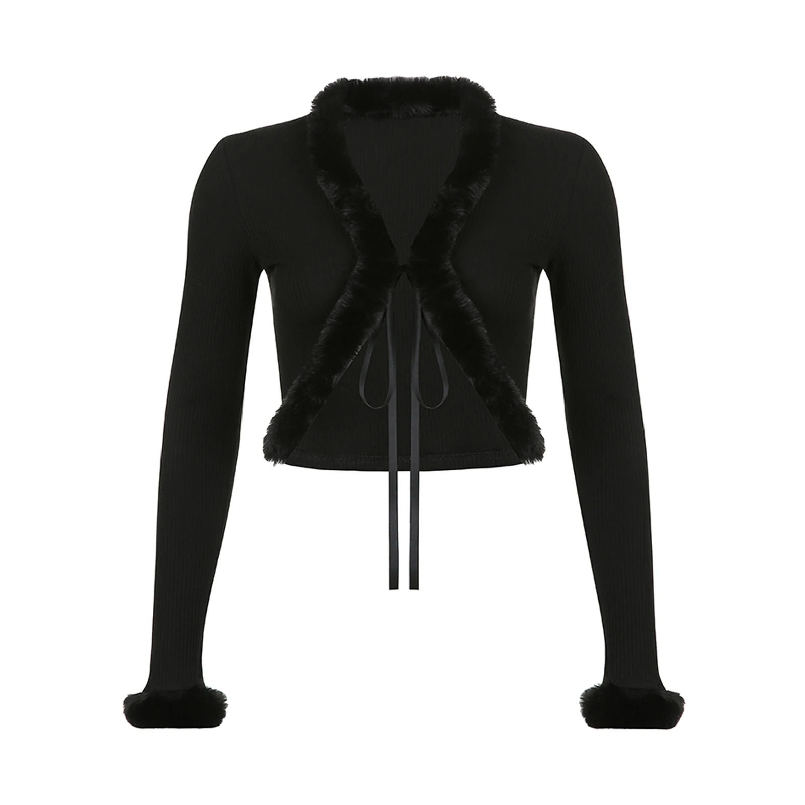 Womens Y2k Cropped Cardigan Sweater Long Sleeve V-Neck Faux Fur Trim Tie-up Crop Top Open Front Knitted Coat Vintage Streetwear 250122