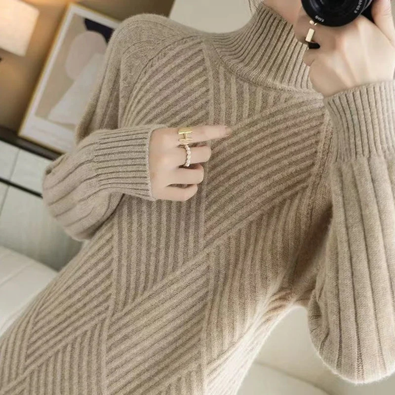 Abrini Autumn Winter Women Wool sweater Dress Mock Neck Ribbed Solid Knit Dresses Elegant Lady Party Bottoming Cashmere Vestidos 250122