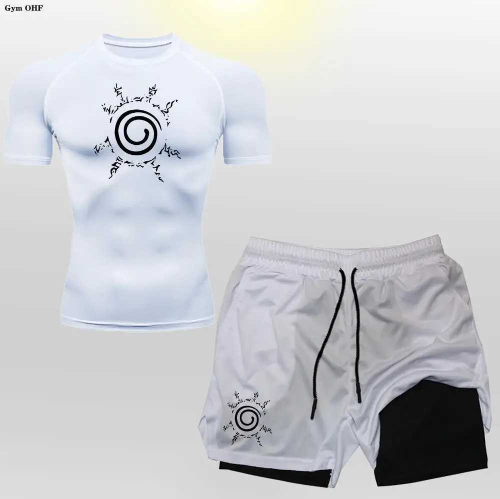 Anime compression shirt mens 2-in-1 shorts fitness gym exercise MMA Rashguard Jujutsu runner training clothing set X250129