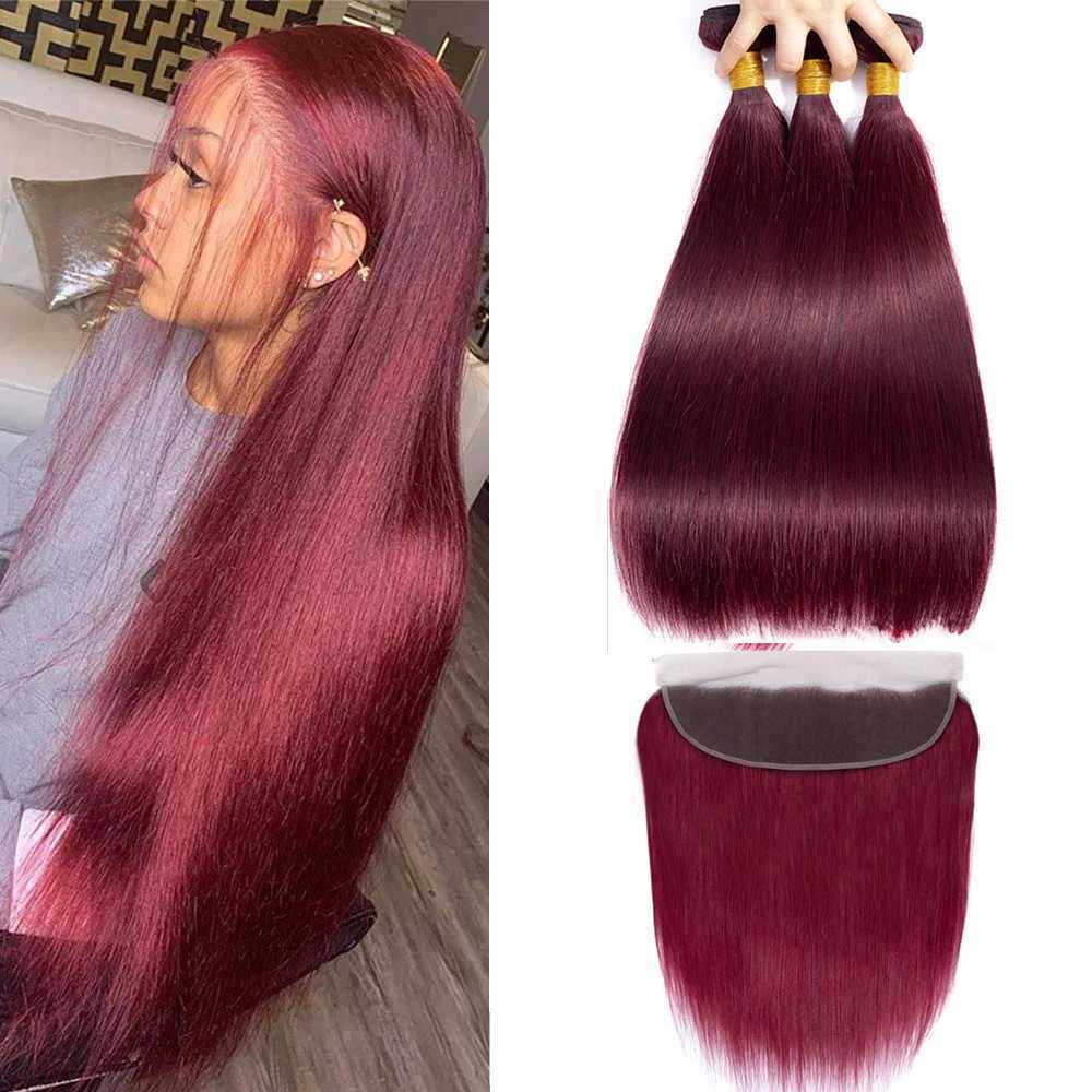 Bundles with Lace Frontal Straight 100% Unprocessed Remy Human Hair Weaves 3 Bundles with 13x4 HD Lace Frontal 99j Burgundy HairXJ250120