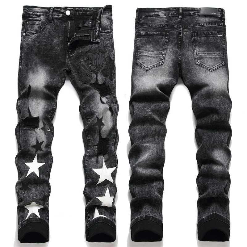 Slim Fit Elastic Black Cotton Embroidered Leather Label With Hole Star Fashion Mens Jeans X250129