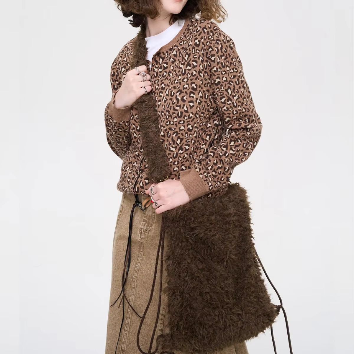 Fashion Double Sided Tote Cute Dog Shoulder Bag Warm Soft Plush Crossbody for Women Drawstring Backpack Shopper Bags