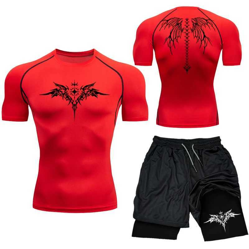 Compression Set Y2K Print Sportwear for Men Quick Dry GYM Shorts+Shirt 2PCS Quick Dry Rashguard Training Sport Suit 2024 New X250129