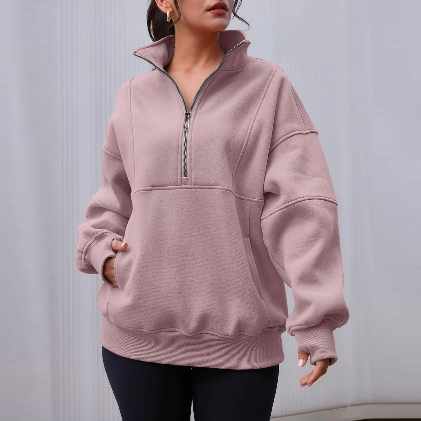 WomenS Plush Sweatshirt Fashion Half Zipper Stand Collar Loose Sports Long Sleeve Pullovers Casual Trend Solid Regular Tops 250122